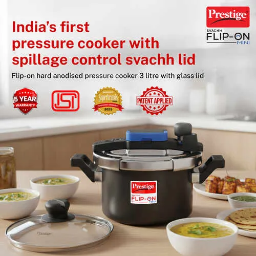 Prestige Svachh Flip-on Mini Hard Anodised Spillage Control Pressure Cooker with Glass Lid, 3 Litre (Black) - Alternate View